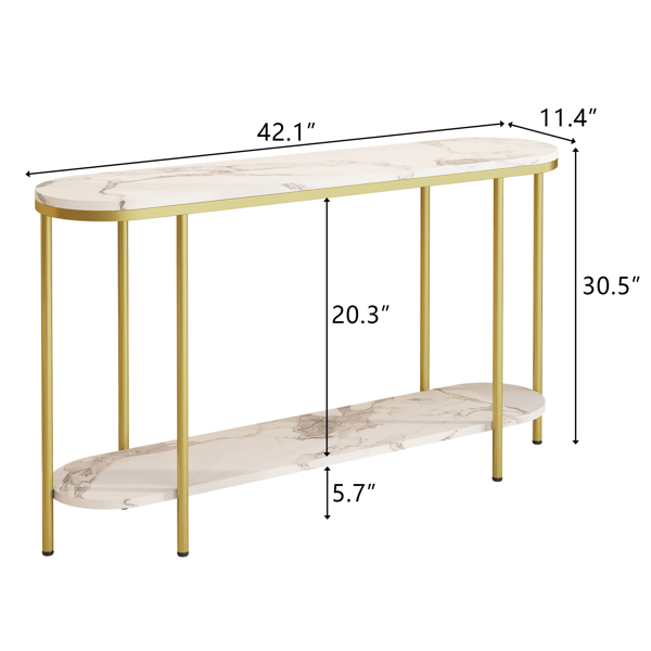 2-Tier Oval Console Table, White Faux Marble Top with Gold Metal Frame, Modern Entryway Table with Open Shelf, 42.1"×11.4"×30.5" Narrow Sofa Table for Hallway, Living Room & Foyer - luxuryhomedecoridea.com