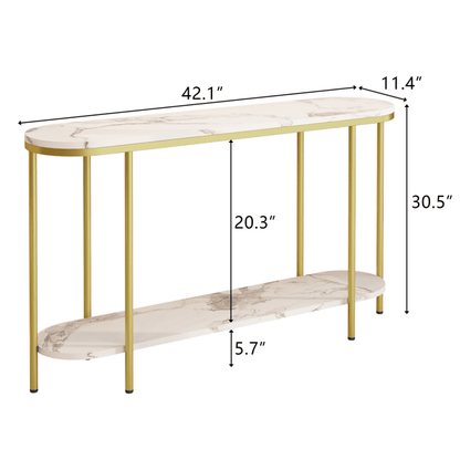 2-Tier Oval Console Table, White Faux Marble Top with Gold Metal Frame, Modern Entryway Table with Open Shelf, 42.1"×11.4"×30.5" Narrow Sofa Table for Hallway, Living Room & Foyer - luxuryhomedecoridea.com