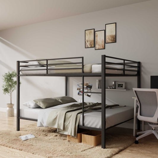 Full Over Full Bunk Bed, Heavy Duty Metal Bunk Bed Frame with Built-in Ladder and Safety Guard Rail, Low Metal Bunk Bed Frame for Kids, No Boxspring Required, For Small Spaces, Black - luxuryhomedecoridea.com