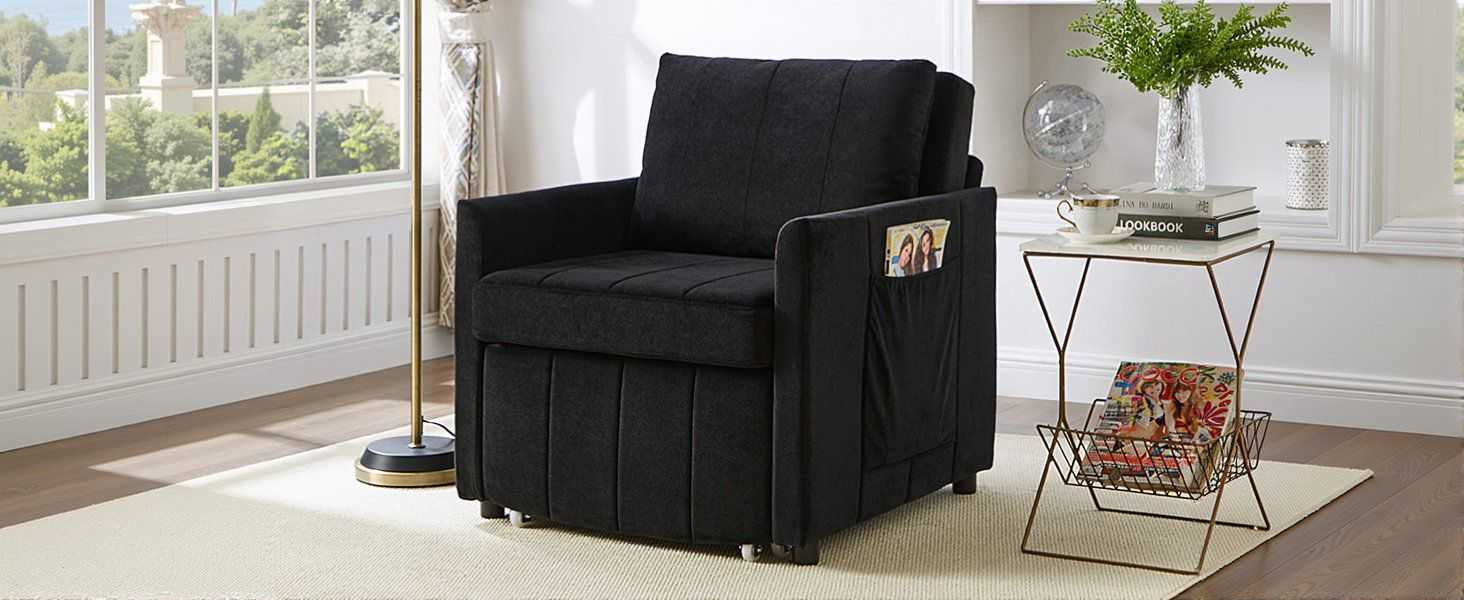 Upholstered Convertible Sleeper Sofa, 31.5" Pull Out Sofa Bed with 5-Position Adjustable Backrest, Side Pockets and a Storage Basket, Fold Out Chair Bed, Lounger For Living Room, Apartment, Black - luxuryhomedecoridea.com