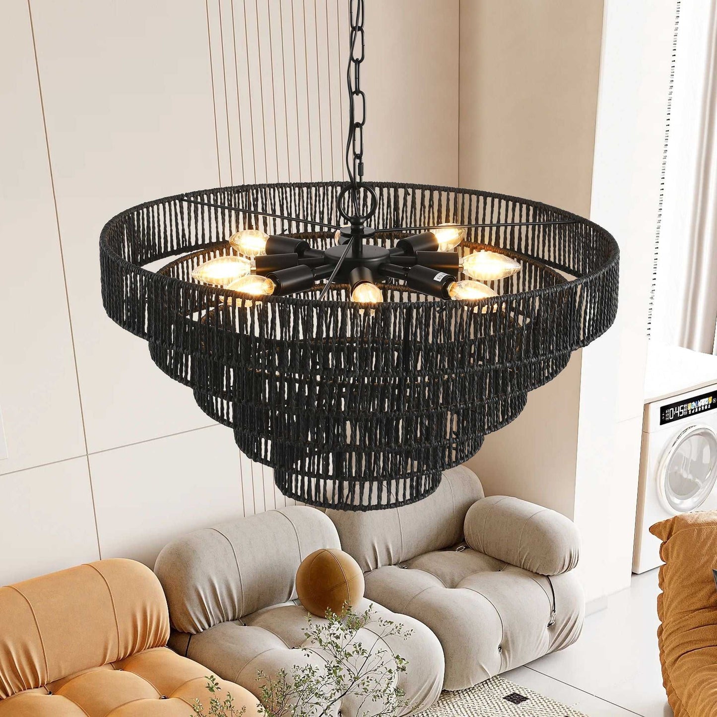 24" Rustic 5-Tier Black Hemp Rope Pendant Light Chandelier with 8 E12 Sockets, Boho Farmhouse Ceiling Fixture for Dining Room, Kitchen, or Entryway (Bulb Not Included) - luxuryhomedecoridea.com