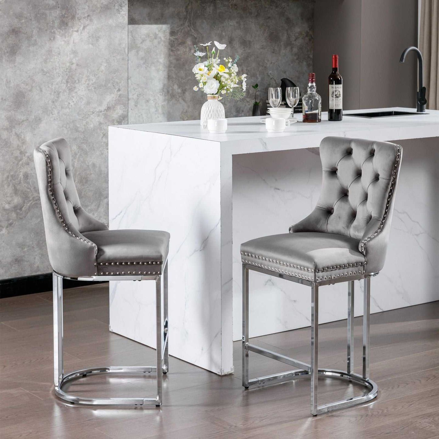 26" Counter Height Bar Stools Set of 2, Modern Velvet Barstools with Button Back&Rivet Trim Upholstered Kitchen Island Chairs with Sturdy Chromed Metal Base Legs Farmhouse Bar Stools, (Gray,2 Pack) - luxuryhomedecoridea.com