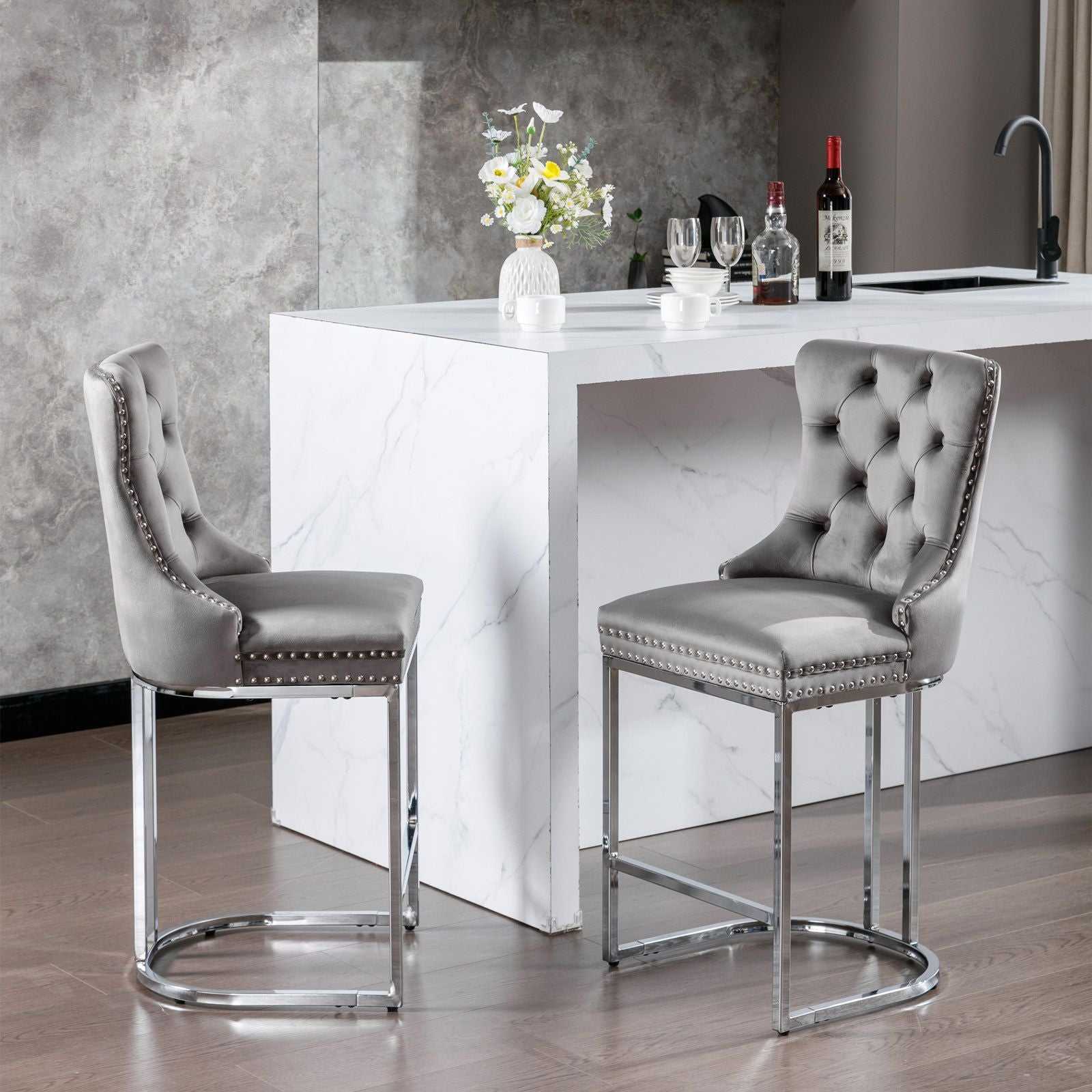 26" Counter Height Bar Stools Set of 2, Modern Velvet Barstools with Button Back&Rivet Trim Upholstered Kitchen Island Chairs with Sturdy Chromed Metal Base Legs Farmhouse Bar Stools, (Gray,2 Pack) - luxuryhomedecoridea.com