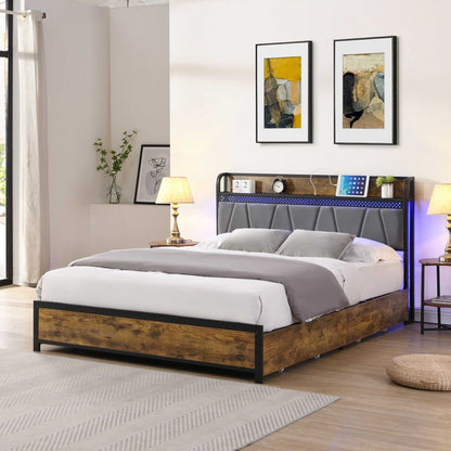 Queen Size Bed Frame, Storage Headboard with Charging Station and 4 Storage Drawers,LED Lights , Brown and Gray - luxuryhomedecoridea.com