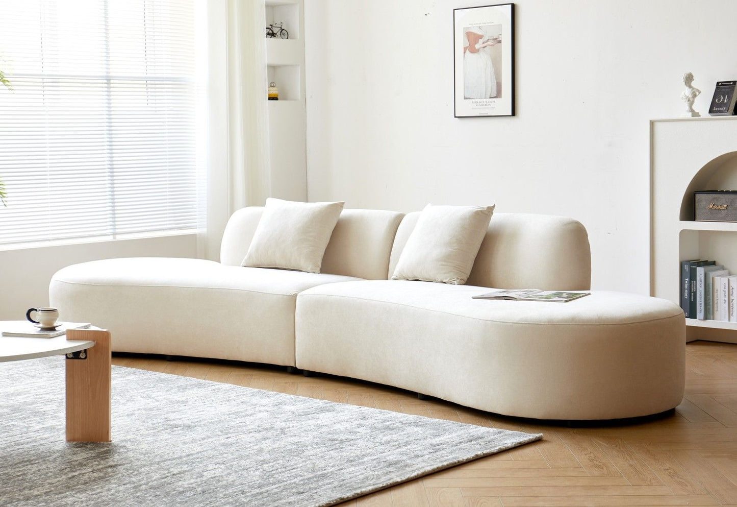 132" Curved Sofa with Throw Pillows, 6 Seater Luxury Velvet Couch with Half Moon Design and High-Density Foam, Ideal for Modern Living Room, Office & Apartment, Ivory - luxuryhomedecoridea.com
