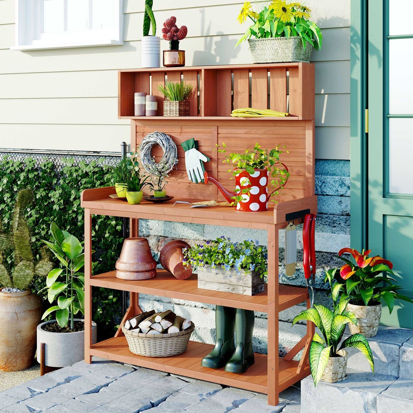 65" Large Wooden Farmhouse Rustic Outdoor Potting Bench Table; Patio Workstation; Garden Potting Bench with 4 Storage Shelves and Side Hook - luxuryhomedecoridea.com