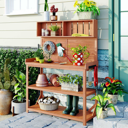 65" Large Wooden Farmhouse Rustic Outdoor Potting Bench Table; Patio Workstation; Garden Potting Bench with 4 Storage Shelves and Side Hook - luxuryhomedecoridea.com