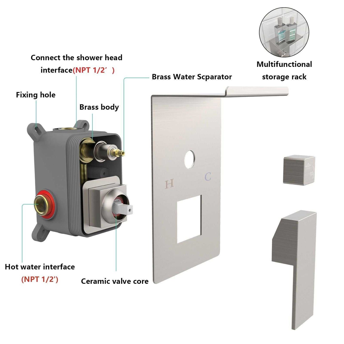 Rainfall Shower System With Storage Rack 10 inch Shower Faucet Set Brushed Nickel with High Pressure with Square Shower Head Luxury Shower Set Wall Mount - luxuryhomedecoridea.com