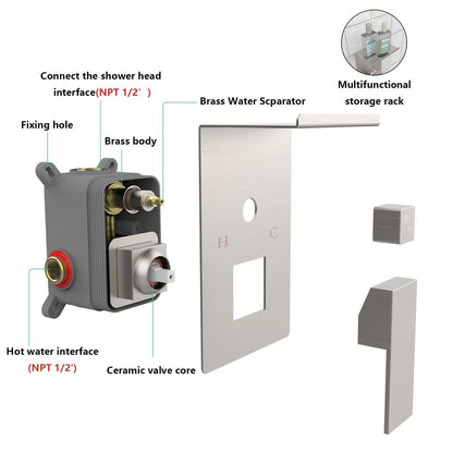 Rainfall Shower System With Storage Rack 10 inch Shower Faucet Set Brushed Nickel with High Pressure with Square Shower Head Luxury Shower Set Wall Mount - luxuryhomedecoridea.com