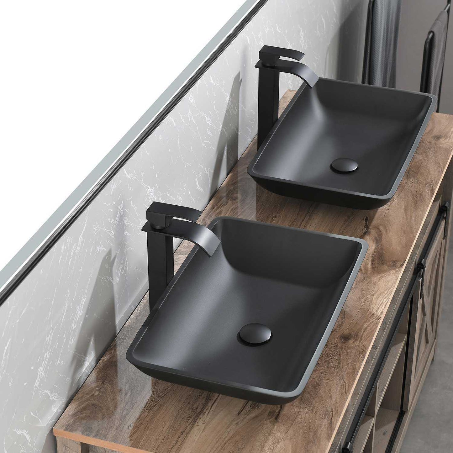 14.38" L -22.25" W -4-3/8 in. H Matte Shell Glass Rectangular Vessel Bathroom Sink in Black with Faucet and Pop-Up Drain in Matte Black - luxuryhomedecoridea.com