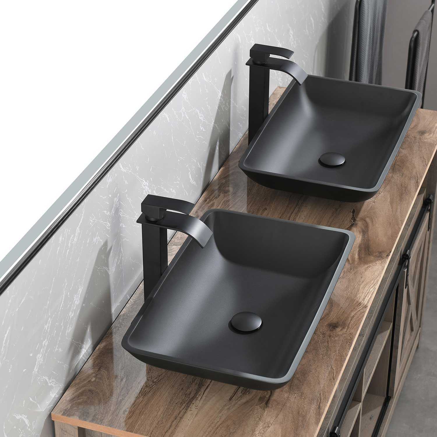 14.38" L -22.25" W -4-3/8 in. H Matte Shell Glass Rectangular Vessel Bathroom Sink in Black with Faucet and Pop-Up Drain in Matte Black - luxuryhomedecoridea.com
