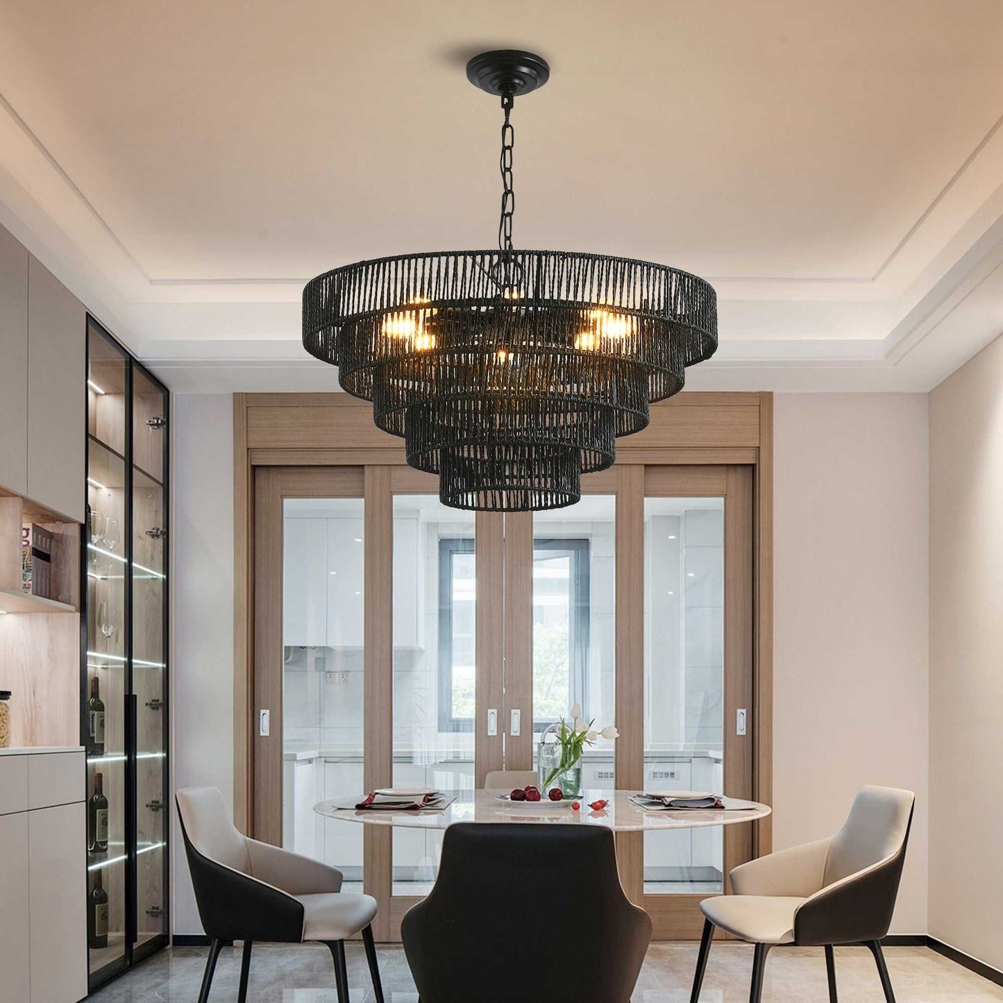 24" Rustic 5-Tier Black Hemp Rope Pendant Light Chandelier with 8 E12 Sockets, Boho Farmhouse Ceiling Fixture for Dining Room, Kitchen, or Entryway (Bulb Not Included) - luxuryhomedecoridea.com