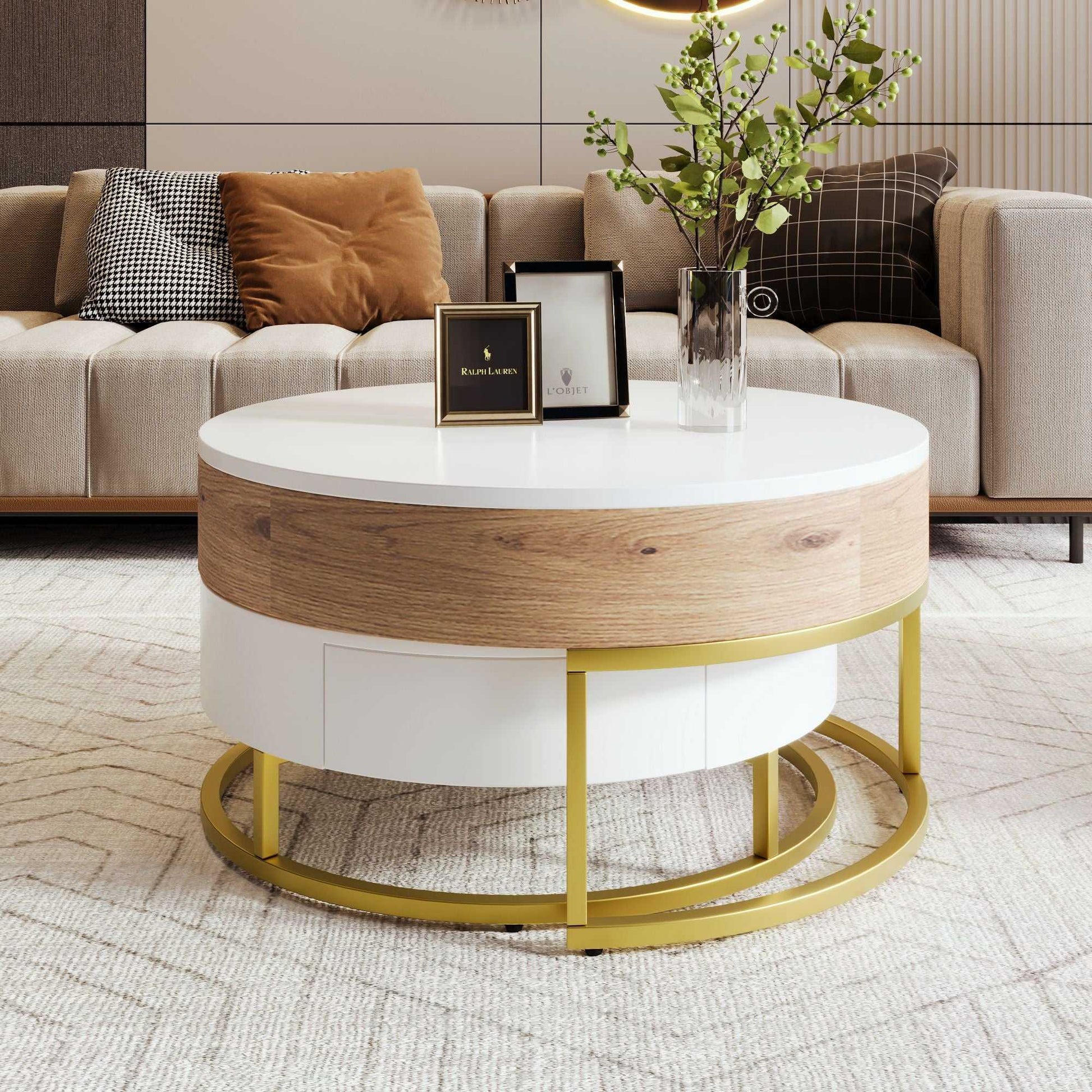 Modern Round Lift-top Nesting Coffee Tables with 2 Drawers - luxuryhomedecoridea.com