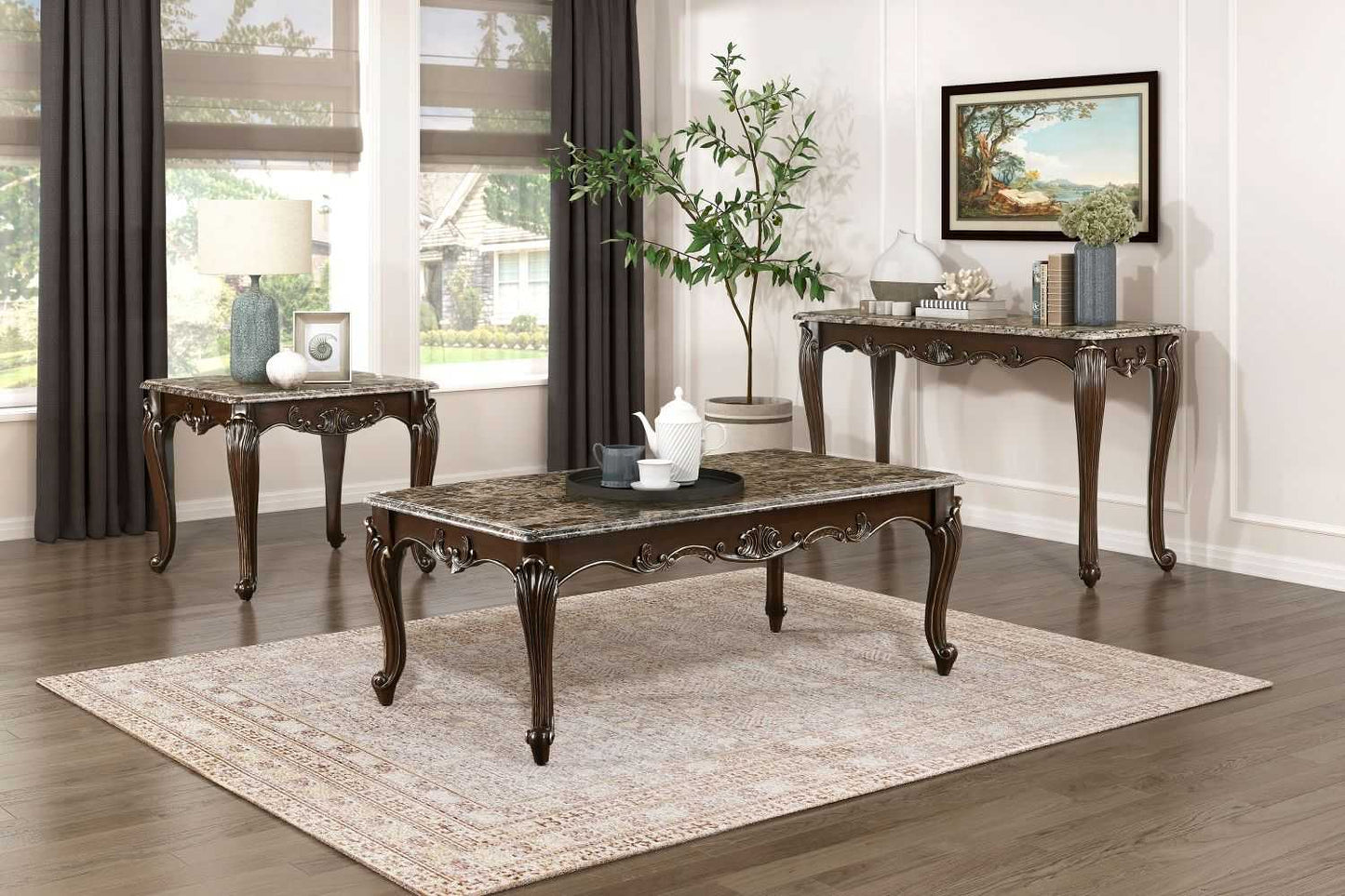 Formal Traditional Luxury 1pc Marble Top Cocktail Table Cherry Finish with Gold Tipping Living Room Furniture - luxuryhomedecoridea.com