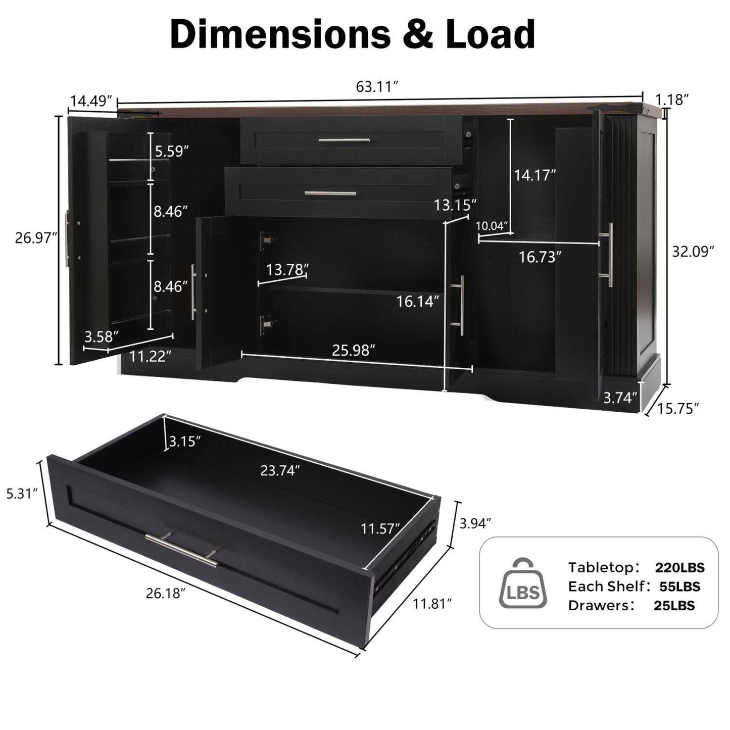 63" Farmhouse Barn Door Storage Cabinet with 2 Drawers & Door Rack, Large Buffet Table Coffee Bar Cabinets with Adjustable Shelves for Kitchen, Living Room, Entryway, Dining Room, Black - luxuryhomedecoridea.com