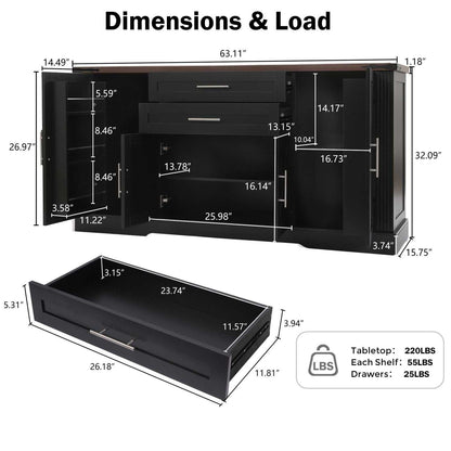 63" Farmhouse Barn Door Storage Cabinet with 2 Drawers & Door Rack, Large Buffet Table Coffee Bar Cabinets with Adjustable Shelves for Kitchen, Living Room, Entryway, Dining Room, Black - luxuryhomedecoridea.com