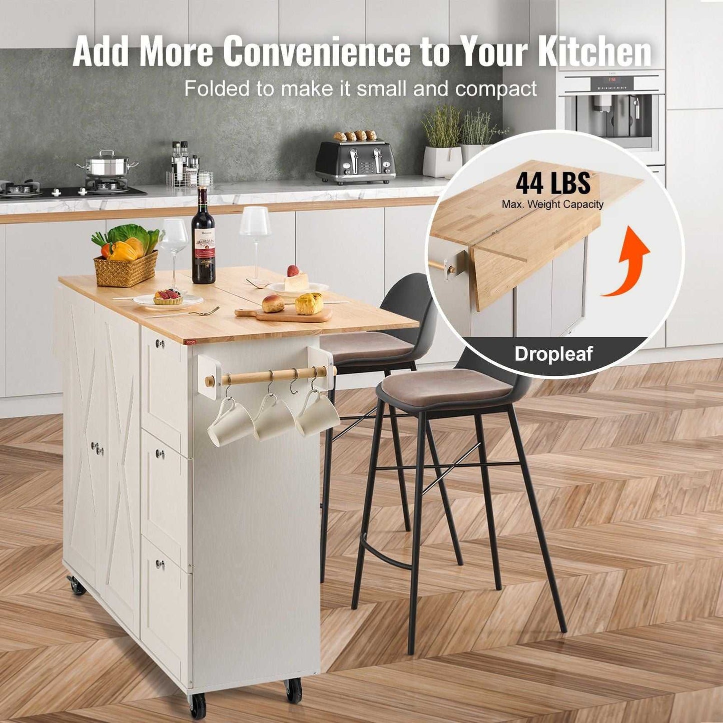 VEVOR Kitchen Island Cart with Solid Wood Top, 45.3" Width Mobile Carts with Storage Cabinet, Rolling Kitchen Table with Spice Rack, Towel Rack, Drop Leaf and Drawer, Portable Islands on Wheels, White - luxuryhomedecoridea.com