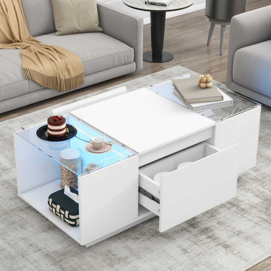 U-Can Led Coffee Table, Modern Center Table with High-Gloss Finish and Glass Tabletop, Coffee Table with Open Storage Compartment and 2 Hidden Drawers for Living Room - luxuryhomedecoridea.com