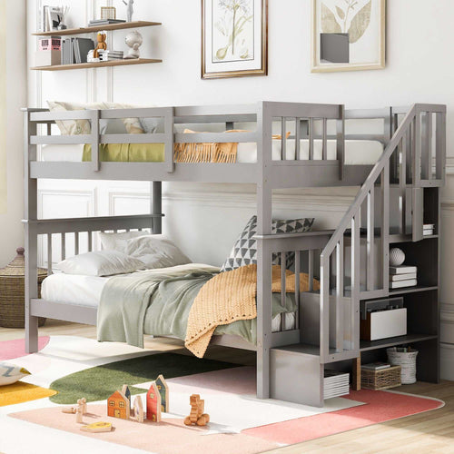 Stairway Twin-Over-Twin Bunk Bed with Storage and Guard Rail for Bedroom, Dorm - luxuryhomedecoridea.com