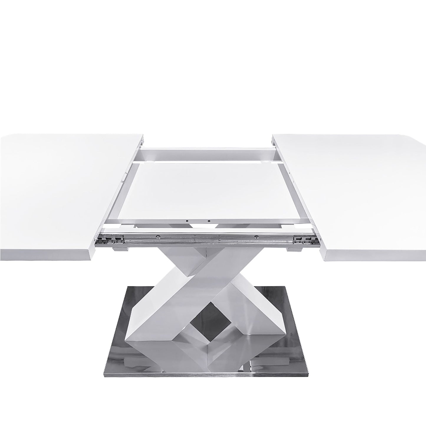 Modern Square Dining Table, Stretchable, White Table Top+MDF X-Shape Table Leg with Metal Base - luxuryhomedecoridea.com