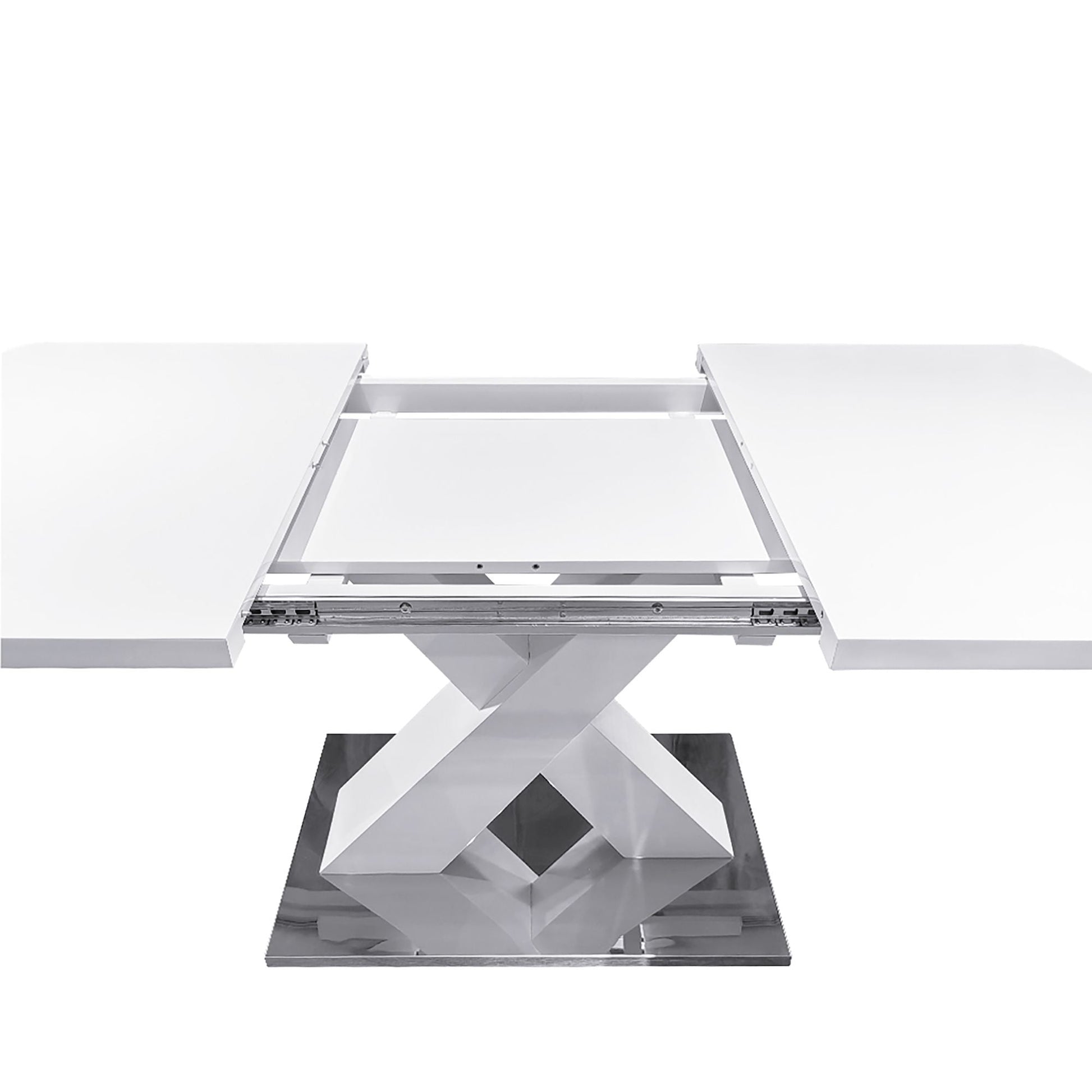 Modern Square Dining Table, Stretchable, White Table Top+MDF X-Shape Table Leg with Metal Base - luxuryhomedecoridea.com