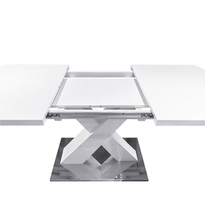 Modern Square Dining Table, Stretchable, White Table Top+MDF X-Shape Table Leg with Metal Base - luxuryhomedecoridea.com