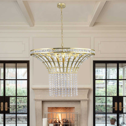 (Same as W1340P189414/L005016-D600-P8G) 24" Modern Crystal Round Chandelier with Gold Finish, Elegant Pendant Light with Cascading Beads, for Dining Room, Living Room, or Foyer (No Bulbs) - luxuryhomedecoridea.com