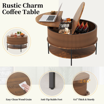 31.5 Inch Farmhouse Brown Lift Top Coffee Table, Round Storage Cocktail Table with Sturdy Steel Legs, Safe Round Design for Living Room, Office - luxuryhomedecoridea.com