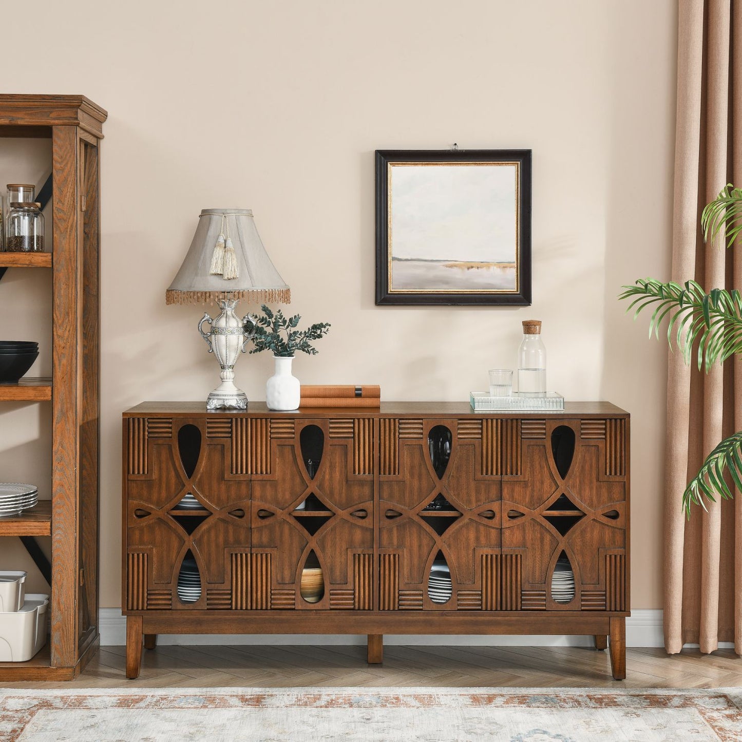 60.5" Mid Century Modern Sideboard Buffet Cabinet with Storage, TV Media Console Table, Storage Cabinet with 4 Doors & Adjustable Shelves for Kitchen Dining Living Room Entryway, Walnut - luxuryhomedecoridea.com