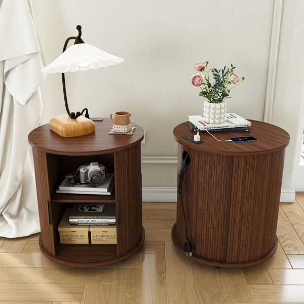 Mid Century Modern Cylinder End Table with Built-in Charging Station & Sliding Door, 2-Tier Storage Round Nightstand with USB Ports, Walnut Bedside Table for Living Room, Bedroom, Entryway - luxuryhomedecoridea.com