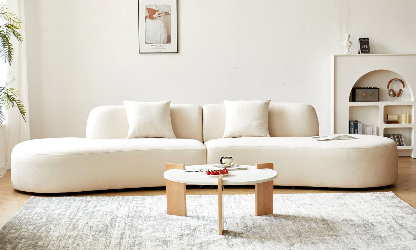 132" Curved Sofa with Throw Pillows, 6 Seater Luxury Velvet Couch with Half Moon Design and High-Density Foam, Ideal for Modern Living Room, Office & Apartment, Ivory - luxuryhomedecoridea.com