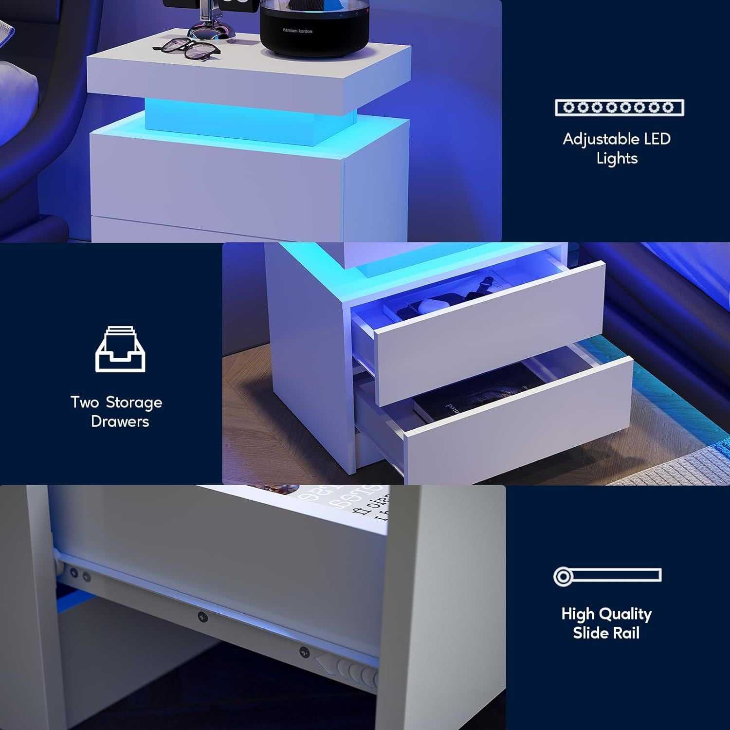 Nightstand LED Bedside Table Cabinet Lights Modern End Side with 2 Drawers for Bedroom (White) - luxuryhomedecoridea.com