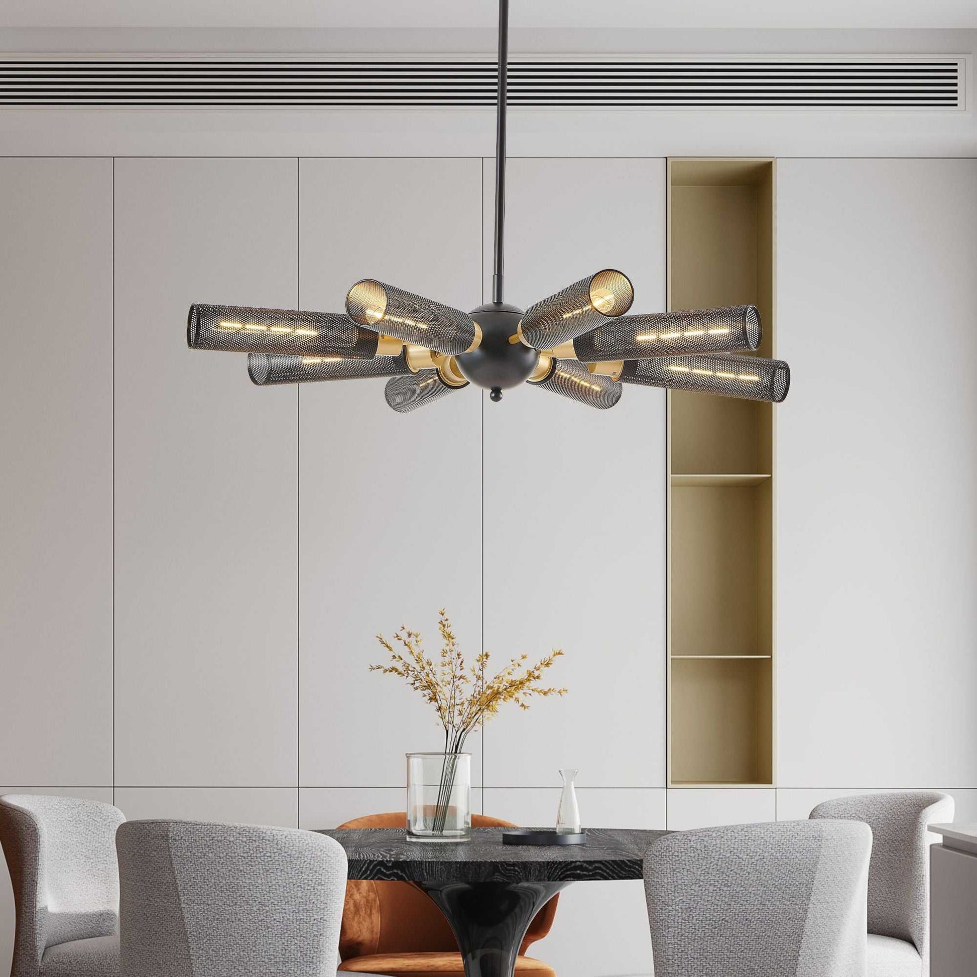 34" Modern Industrial Sputnik Chandelier, 8-Light Black and Gold Metal Pendant Light with Mesh Shades, E26 Base, Adjustable Height for Dining Room, Living Room, or Kitchen Island (Bulb Not Included) - luxuryhomedecoridea.com