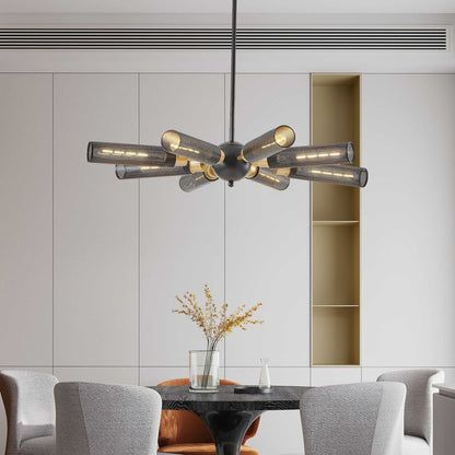 34" Modern Industrial Sputnik Chandelier, 8-Light Black and Gold Metal Pendant Light with Mesh Shades, E26 Base, Adjustable Height for Dining Room, Living Room, or Kitchen Island (Bulb Not Included) - luxuryhomedecoridea.com