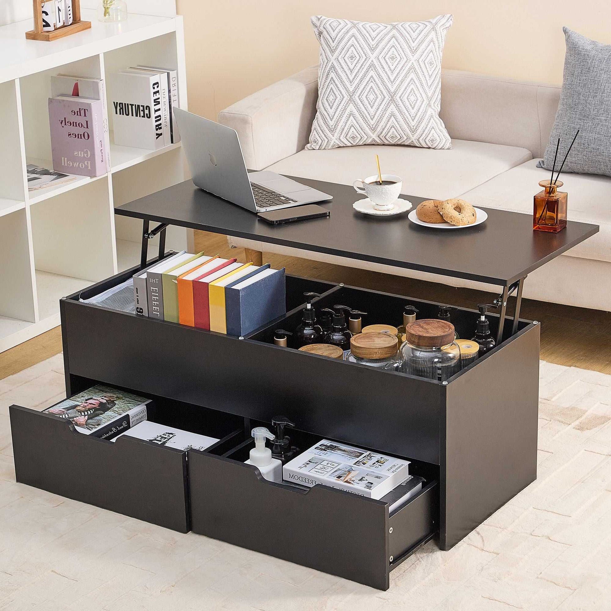 Lift-Top Coffee Table with Storage Center Tables Hidden Compartment & 2 Drawers, Sofa Table For Living Room - luxuryhomedecoridea.com