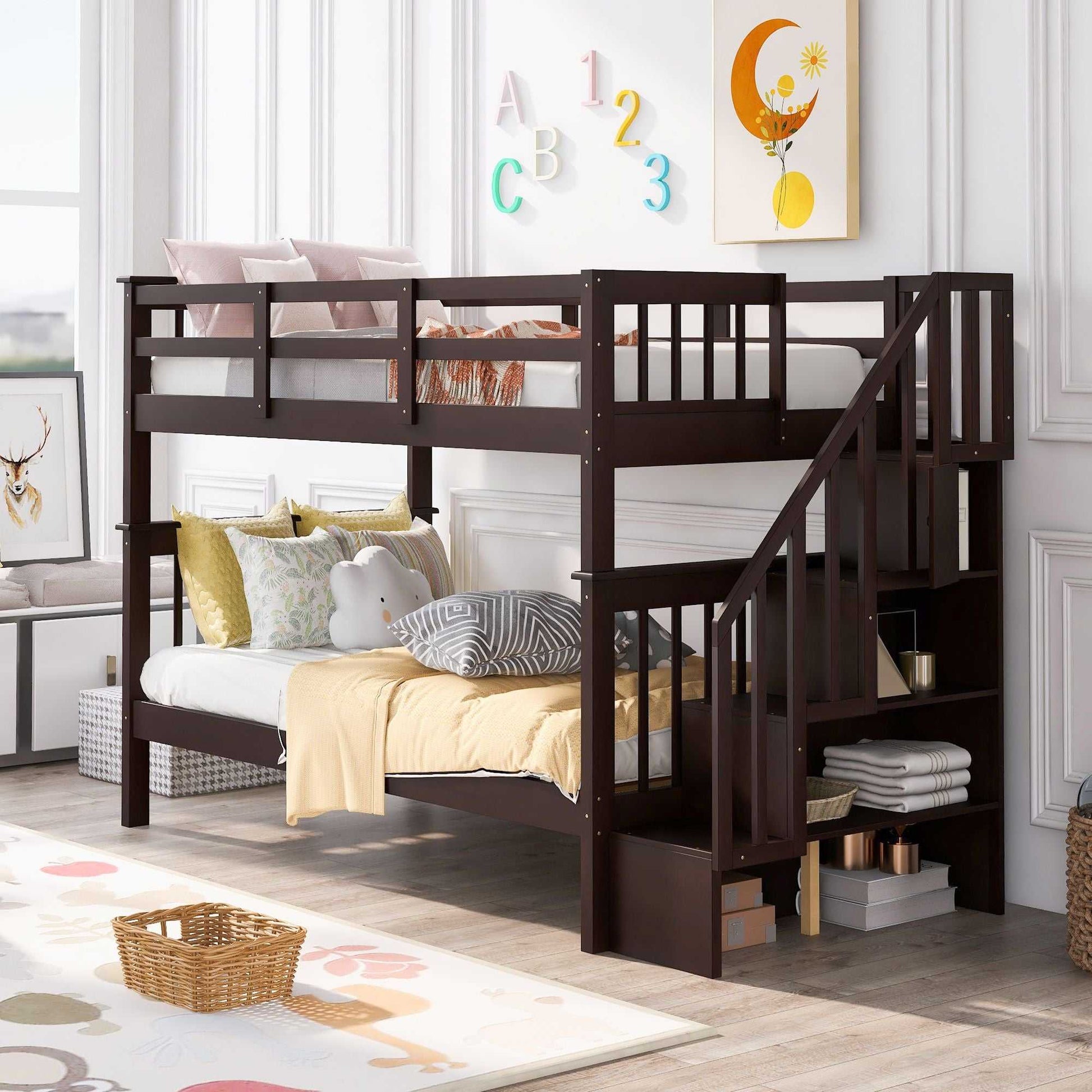 Stairway Twin-Over-Twin Bunk Bed with Storage and Guard Rail for Bedroom, Dorm - luxuryhomedecoridea.com