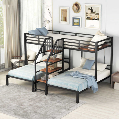 Metal Twin over Twin & Twin Bunk Bed, Triple Bunk Bed with Storage Shelves Staircase, Black - luxuryhomedecoridea.com