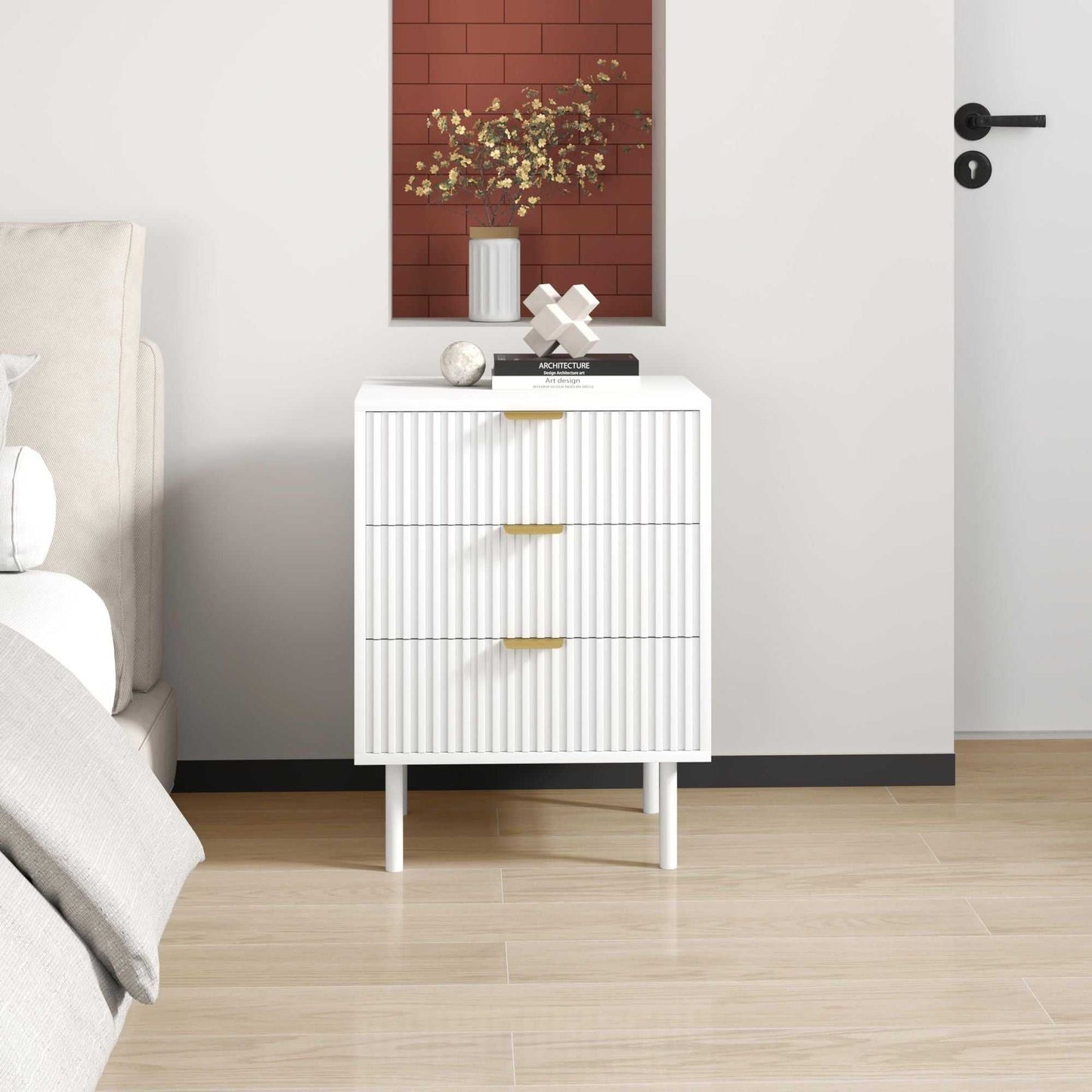 conifferism Fluted Black Nightstand 3 Drawers, Bedroom 26' Tall Bedside Night Stand, Modern Bed Side End Table Living Room, 19' Small Space Mid Century Storage Cabinet - luxuryhomedecoridea.com