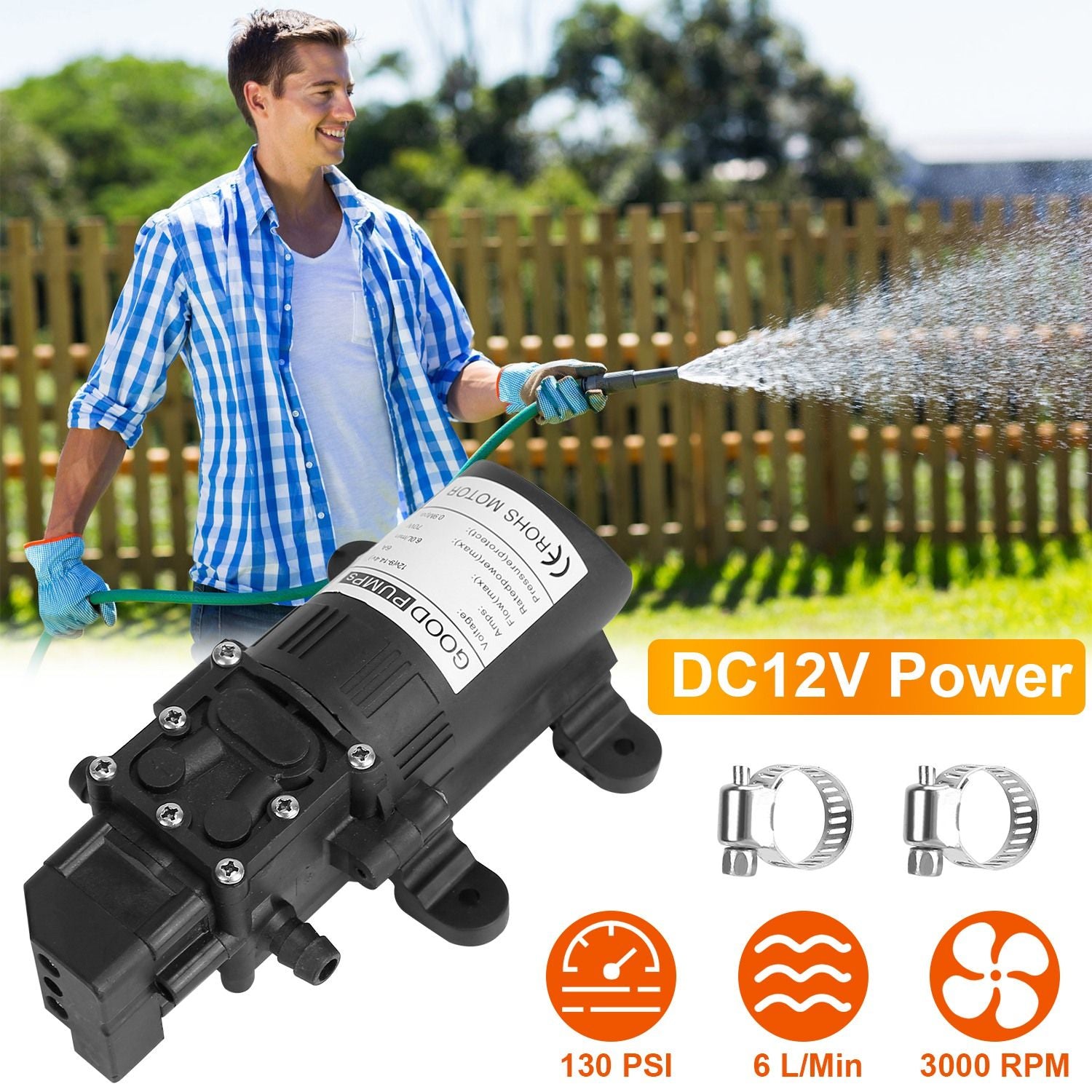 12V Water Pump with 2 Hose Clamps 130PSI Self Priming Sprayer Pump 70W Electric Diaphragm Water Pump 6L/Min for RV Camper Marine Boat - luxuryhomedecoridea.com