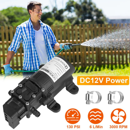 12V Water Pump with 2 Hose Clamps 130PSI Self Priming Sprayer Pump 70W Electric Diaphragm Water Pump 6L/Min for RV Camper Marine Boat - luxuryhomedecoridea.com