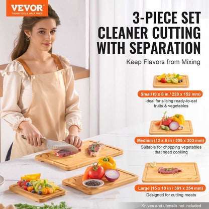 VEVOR Cutting Board, 3 Pieces, Premium Versatile Bamboo Cutting Board with Food-Grade Oil and Juice Groove,Sturdy & Durable Chopping Board with Built-in Handle, Fit for Display, Chopping & Serving - luxuryhomedecoridea.com
