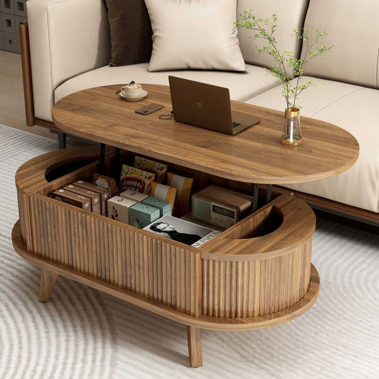 Fluted Lift Top Coffee Table with Hidden Compartment, Wooden Center Table, Modern Oval Lift Tabletop for Home Living Room Office, Walnut Brown Color - luxuryhomedecoridea.com