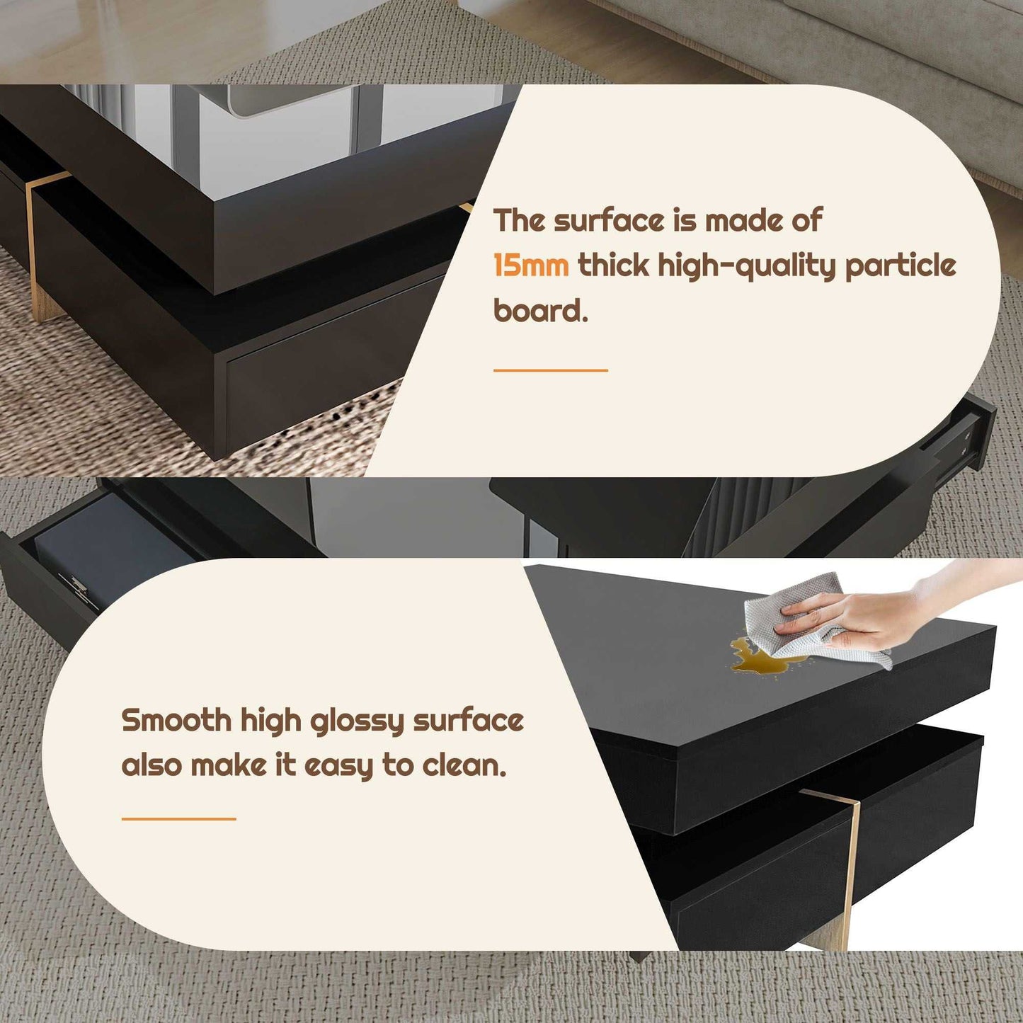 ON-TREND Modern High Gloss Coffee Table with 4 Drawers, Multi-Storage Square Cocktail Tea Table with Wood Grain Legs, Center Table for Living Room, 31.5''x31.5'', Black - luxuryhomedecoridea.com