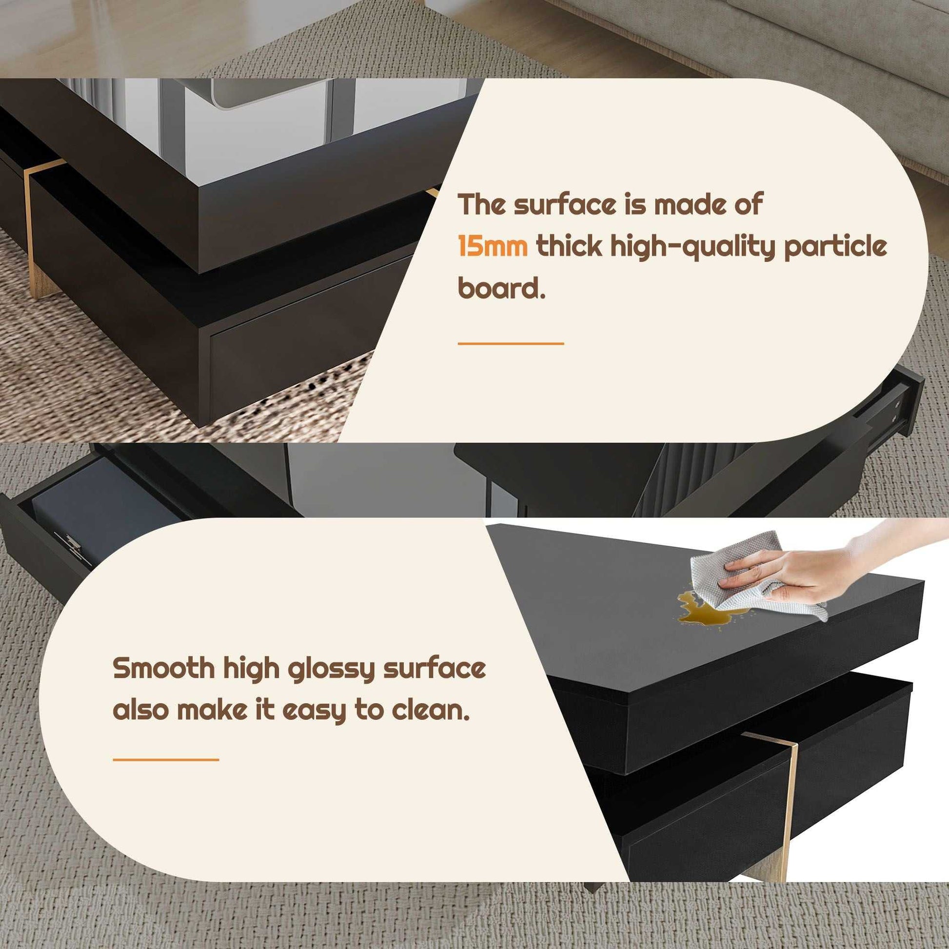 ON-TREND Modern High Gloss Coffee Table with 4 Drawers, Multi-Storage Square Cocktail Tea Table with Wood Grain Legs, Center Table for Living Room, 31.5''x31.5'', Black - luxuryhomedecoridea.com