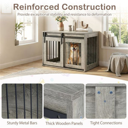 31.5" Dog Crate Furniture with Sliding Barn Door, Wooden Dog Kennel End Table for Indoor Use - Gray - luxuryhomedecoridea.com