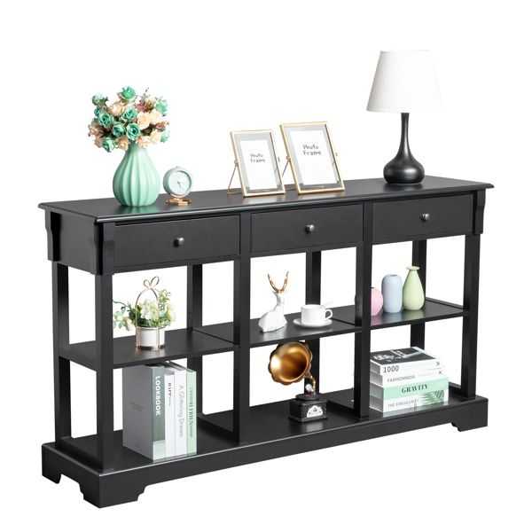 Console Sofa Table with Ample Storage; Retro Kitchen Buffet Cabinet Sideboard with Open Shelves and 3 Drawers; Accent Storage Cabinet for Entryway/Living Room Black Color - luxuryhomedecoridea.com