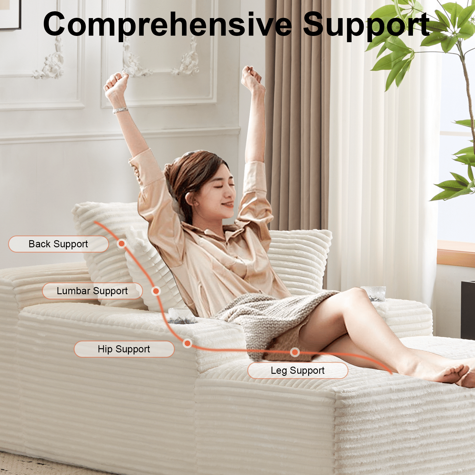 66" Oversized Corduroy Chaise Lounge Chair | Indoor Single Sleeper Sofa Bed with 3 Soft Pillows & Cup Holder - Modern Cloud Couch for Living Room/Office (White) - luxuryhomedecoridea.com