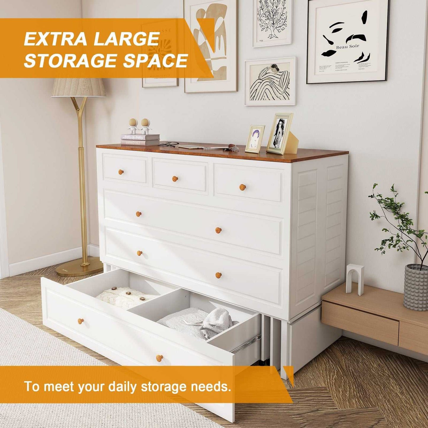 Queen Size Murphy Bed Frame with Drawers Murphy Chest Bed with Charging Station, 2 USB Ports Mobile Murphy Bed Sleeping Arrangement for Multipurpose Area for Bedroom Living Room Guest Room White&Wood - luxuryhomedecoridea.com