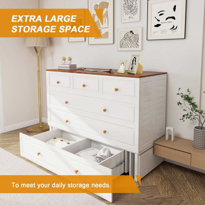 Queen Size Murphy Bed Frame with Drawers Murphy Chest Bed with Charging Station, 2 USB Ports Mobile Murphy Bed Sleeping Arrangement for Multipurpose Area for Bedroom Living Room Guest Room White&Wood - luxuryhomedecoridea.com