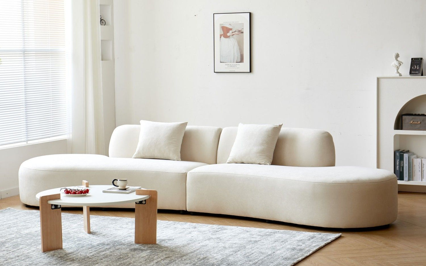 132" Curved Sofa with Throw Pillows, 6 Seater Luxury Velvet Couch with Half Moon Design and High-Density Foam, Ideal for Modern Living Room, Office & Apartment, Ivory - luxuryhomedecoridea.com